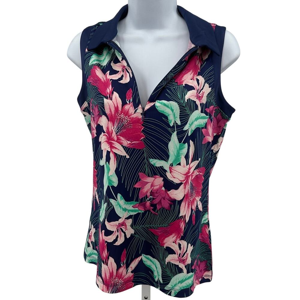 Tommy Bahama Racquet & Paddle Sleeveless Polo Shirt Sz S Navy Floral Activewear